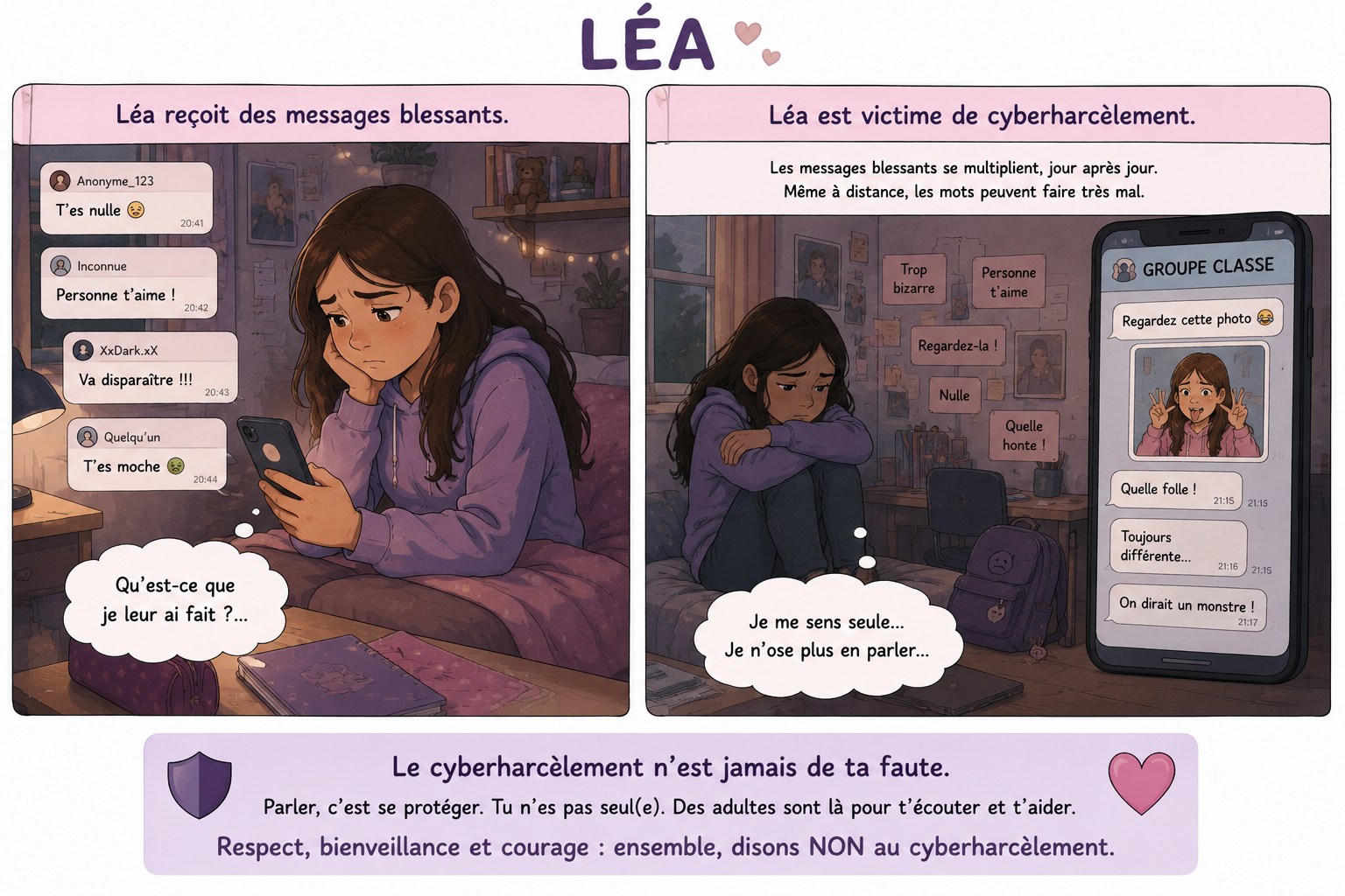 Planche de BD du projet montrant Léa victime de cyberharcèlement